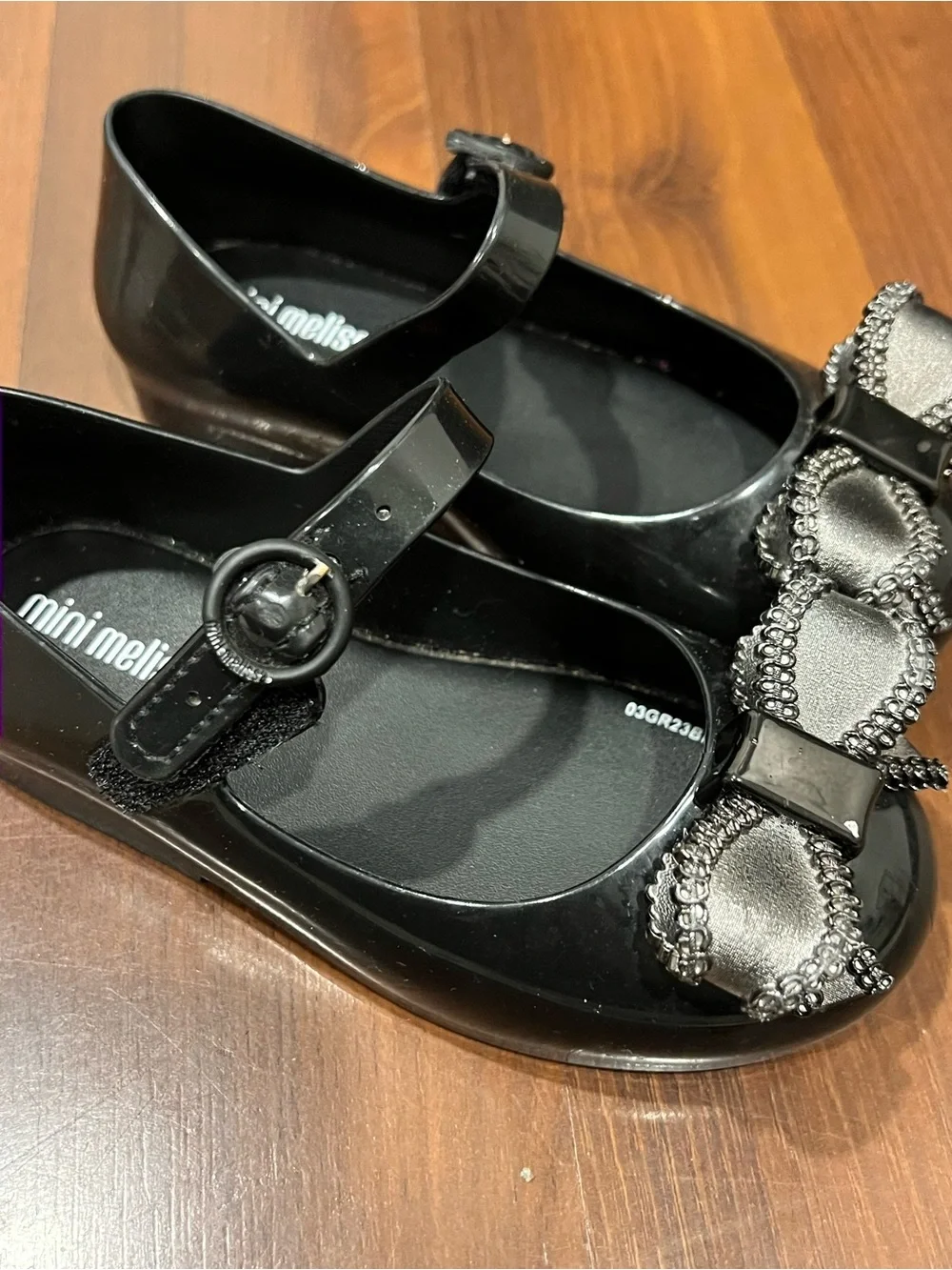 Mini Melissa Black Mary Jane Flats with Rhinestone Bow